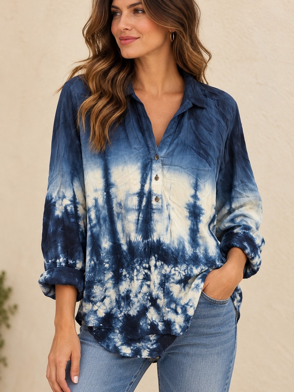 Rock & Republic Blue and Cream Tie-Dye Button Henley